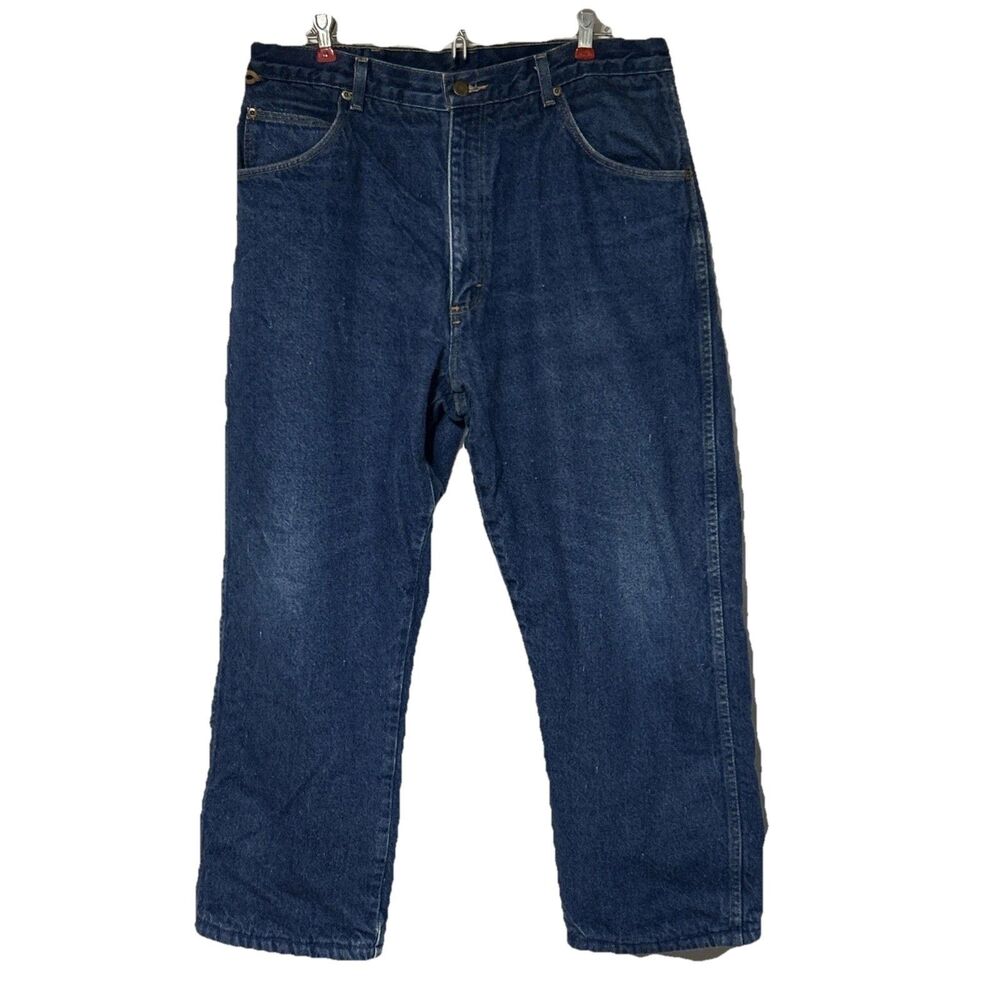 Wrangler Men's Blue Fleece Lined Denim Jeans Rugged Wear Heavyweight Size 36x32